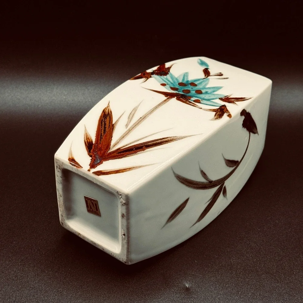 Vintage Napcoware Japan MCM Square Vase Turquoise Brown Floral Ceramic Botanical